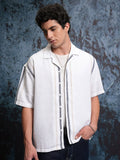 Locomotive Men White Mock Lino Dobby Textured Striper Camp Collar Oversized Shirt