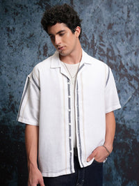 Locomotive Men White Mock Lino Dobby Textured Striper Camp Collar Oversized Shirt