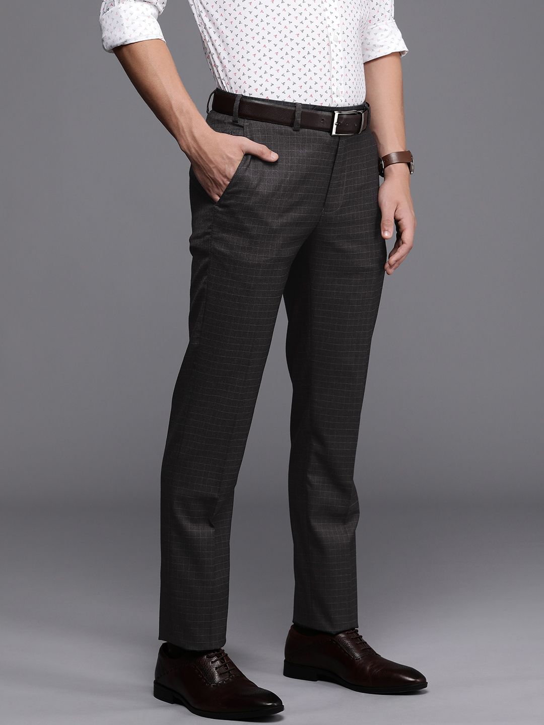 Raymond Men Mid-Rise Slim Fit Checked Formal Trousers