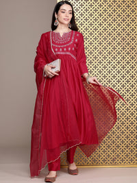 House of Pataudi Jashn Yoke Design Zari Work A-Line Kurta With Trousers & Dupatta
