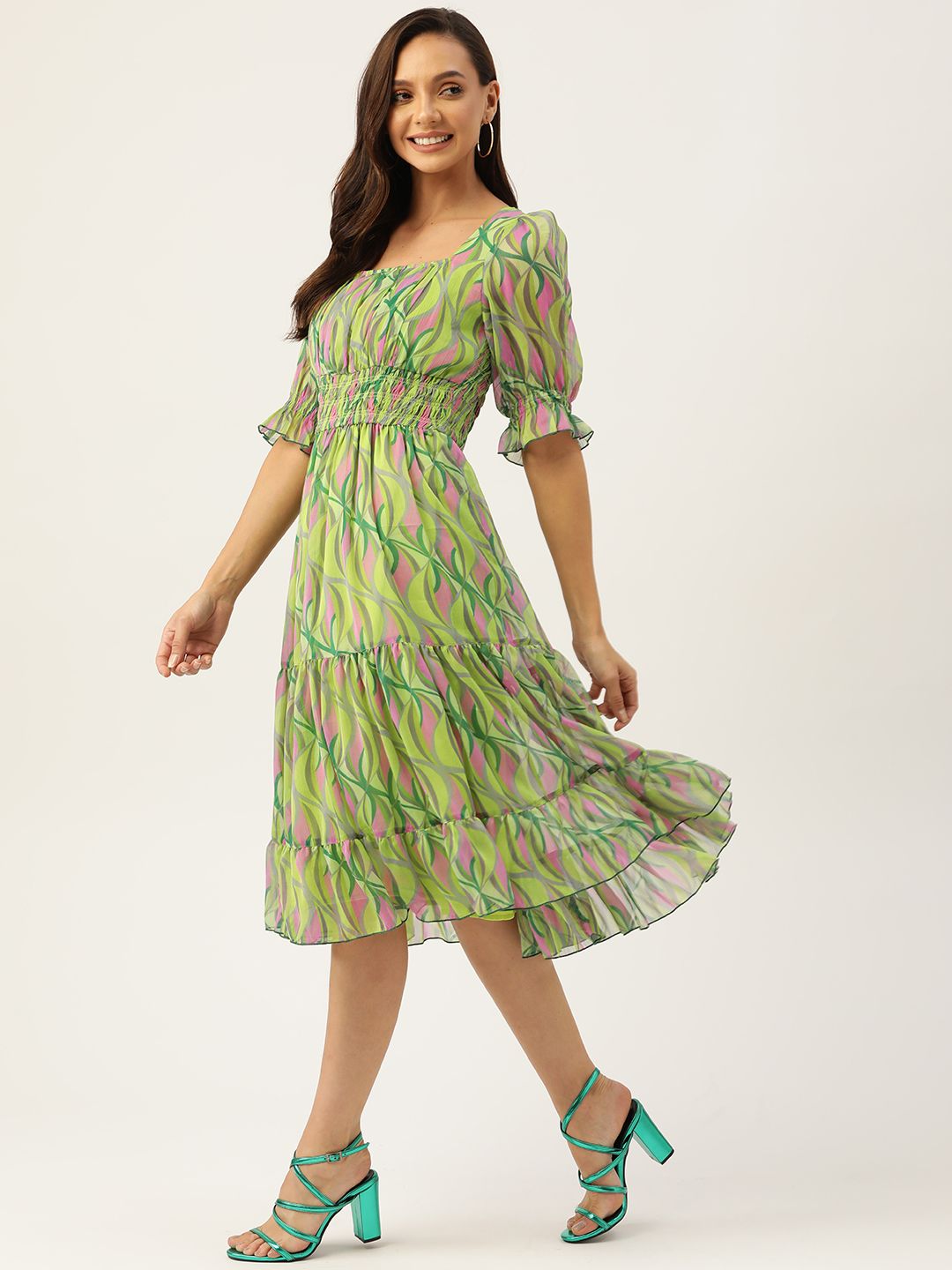 Antheaa Green & Pink Chiffon Geometric Print Tiered Dress