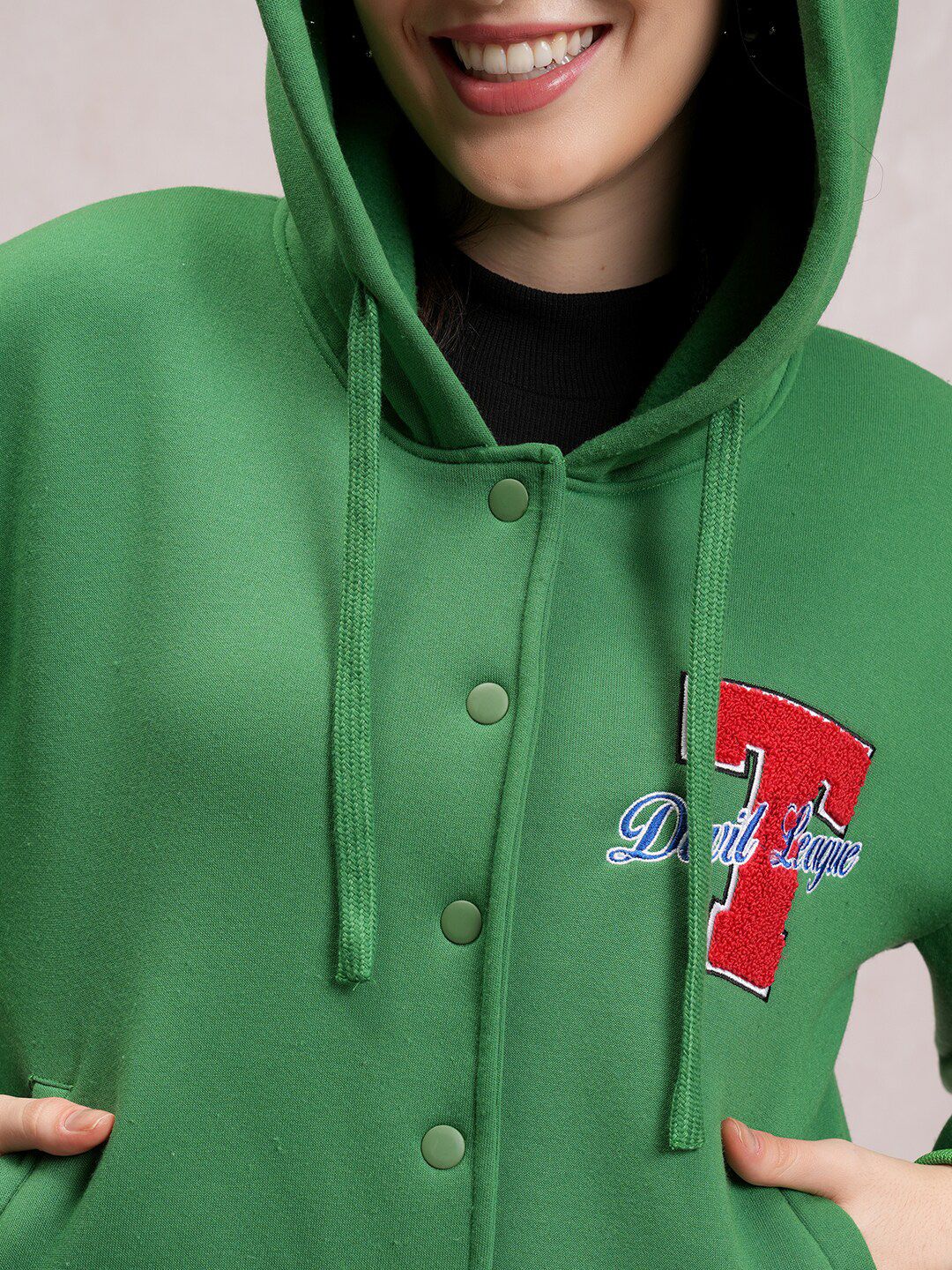 Tokyo Talkies Women Green Varsity Jacket