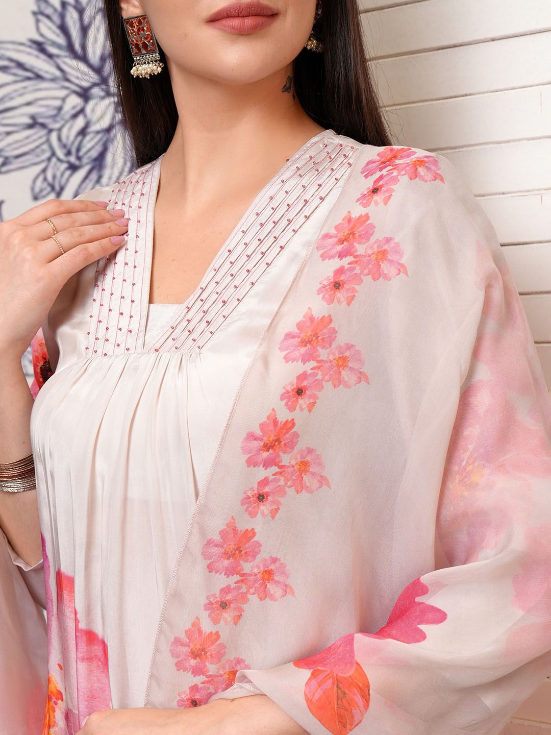 Vishudh Floral Printed Pleated Beads and Stones Kurta with Trouser & Dupatta
