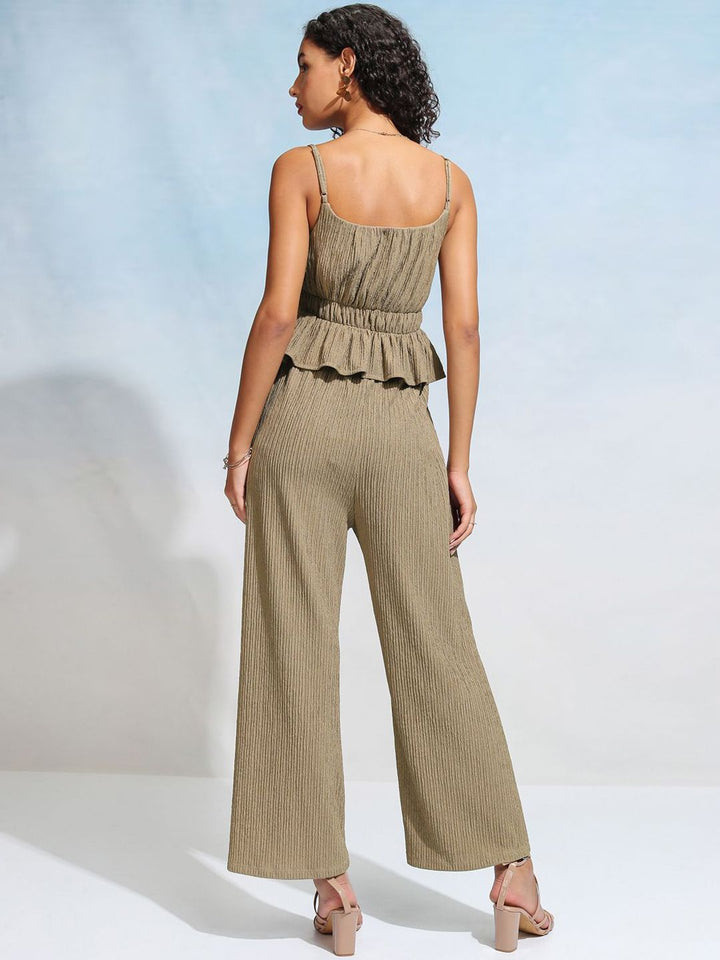 Tokyo Talkies Brown Striped Shoulder Straps Peplum Top With Trousers