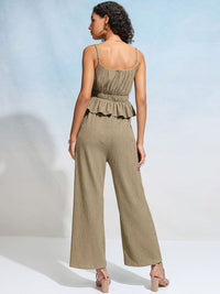 Tokyo Talkies Brown Striped Shoulder Straps Peplum Top With Trousers