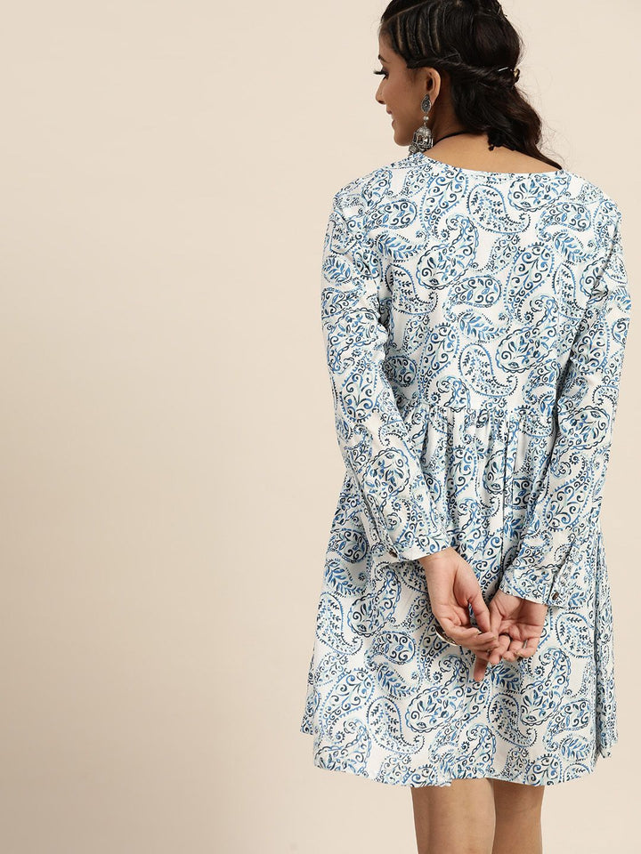 Shae by SASSAFRAS Women Blue & White Cotton Paisley Print A-Line Dress