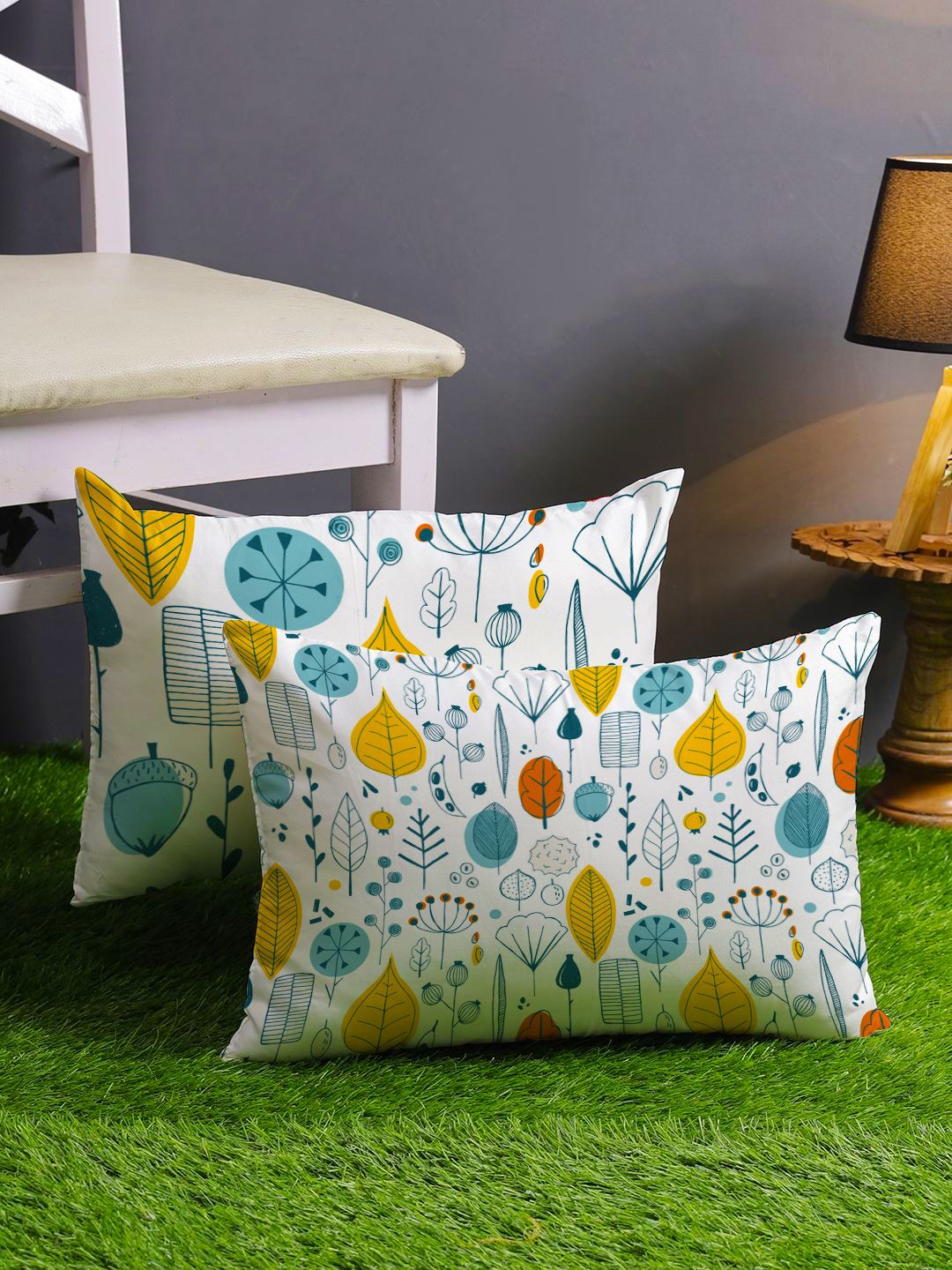 STITCHNEST Pack Of 2 Yellow & White Printed Rectangle Cushion Covers