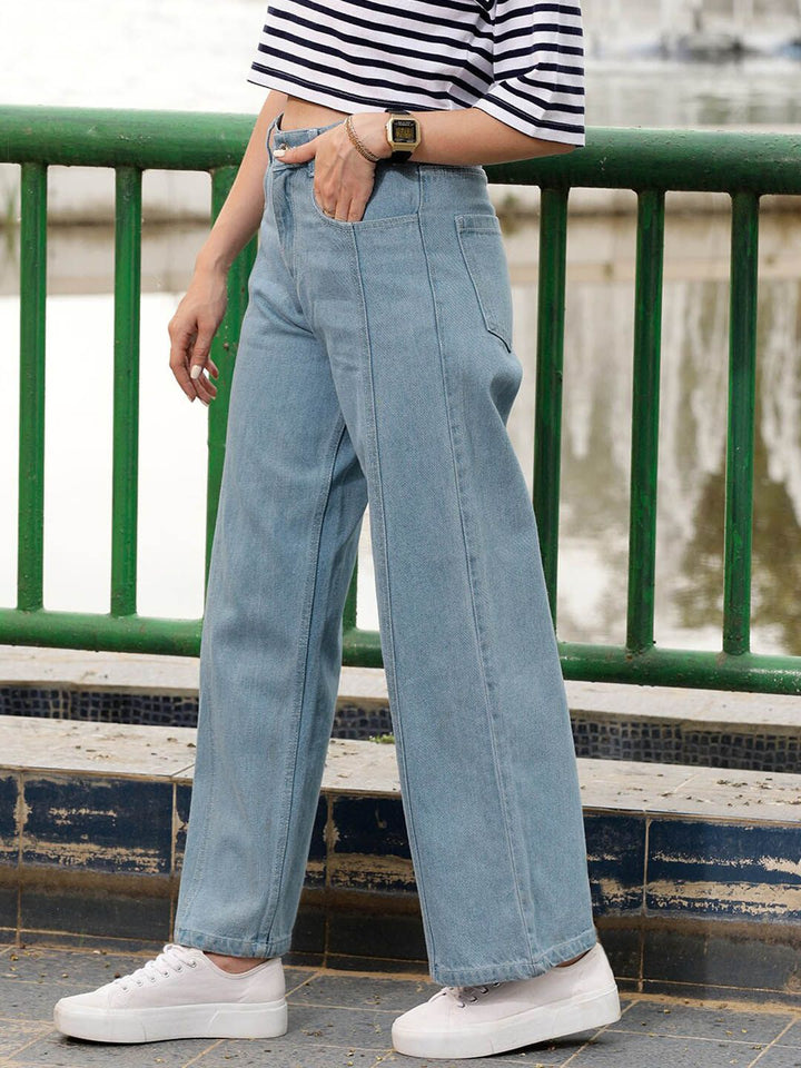 STREET 9 Women Blue Urban Wide Leg Pure Cotton Jeans