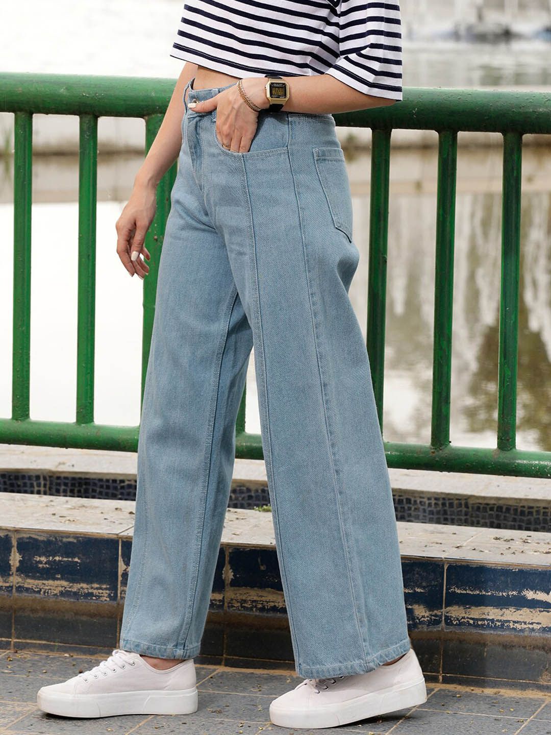 STREET 9 Women Blue Urban Wide Leg Pure Cotton Jeans