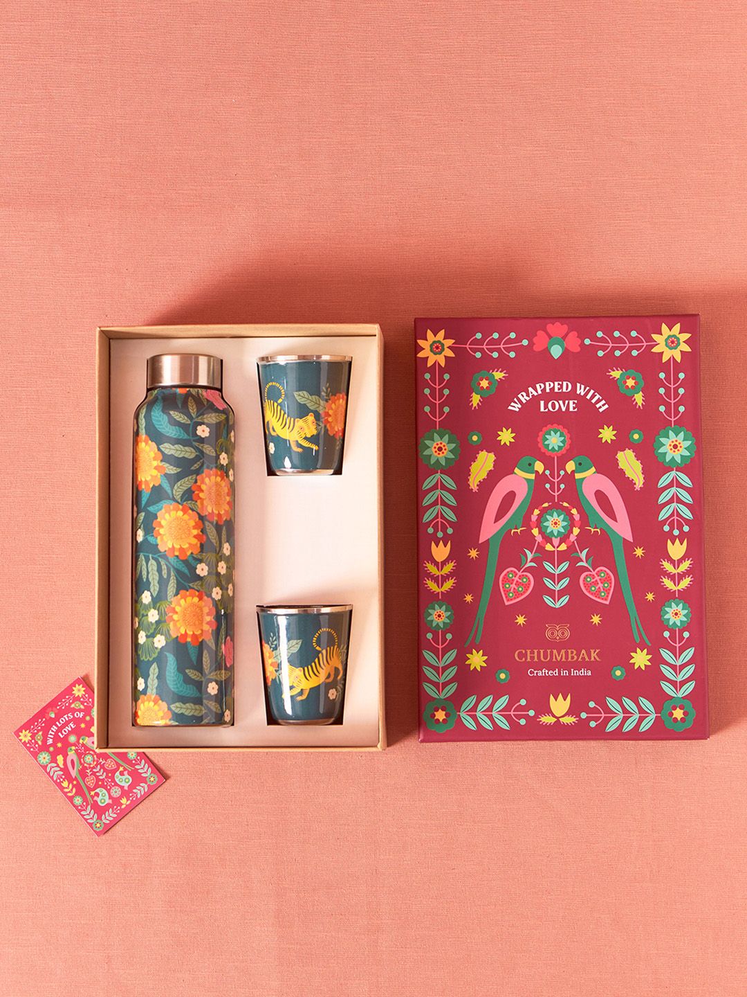 Chumbak Marigold Green & Yellow 3 Pieces Printed Stainless Steel Drinkware Gift Set