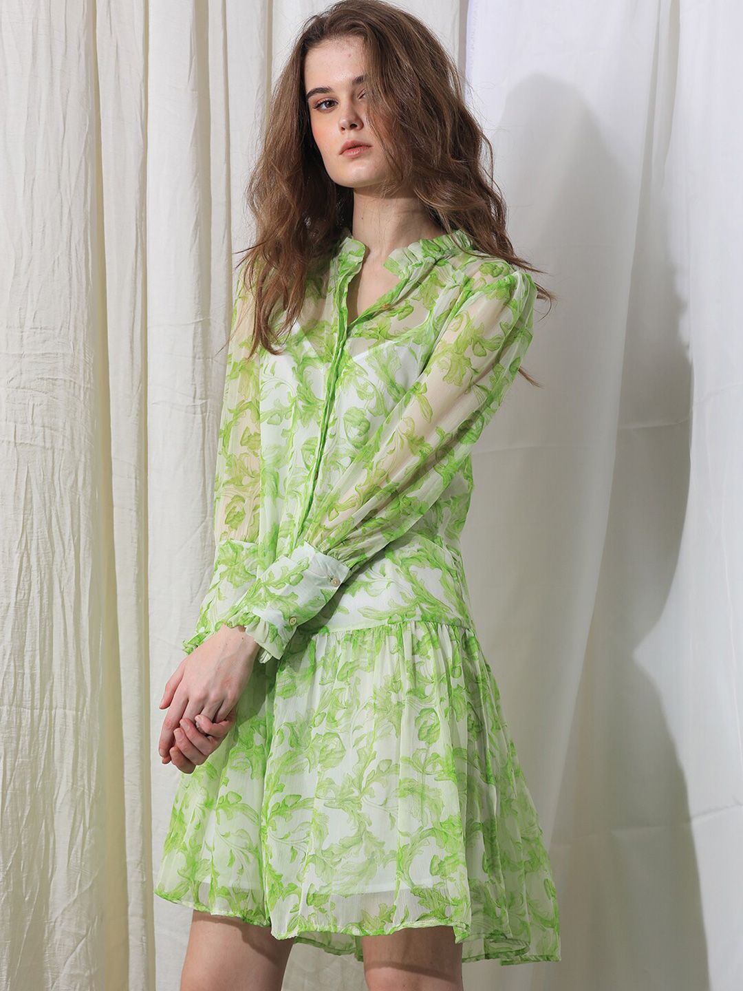 RAREISM Abstract Print Puff Sleeve Drop-Waist Dress