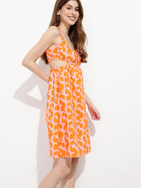 DressBerry Fiery Foliage Waist Cut-Out A-Line Dress