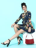 Berrylush Women Navy Blue Floral Self Belted Mini Fit & Flare Dress
