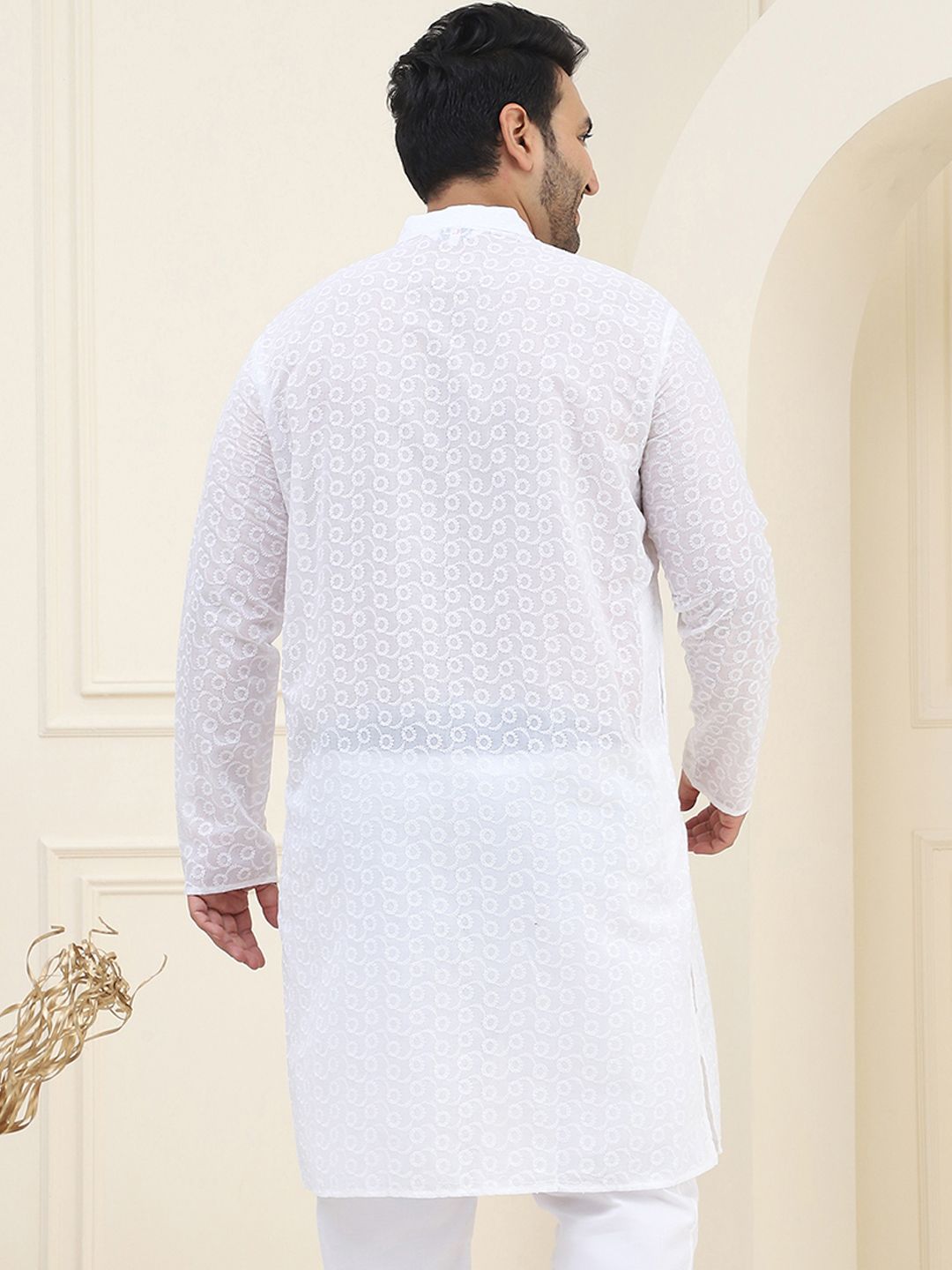 SOJANYA PLUS Lelaki Motif Etnik Putih Sulam Kurta