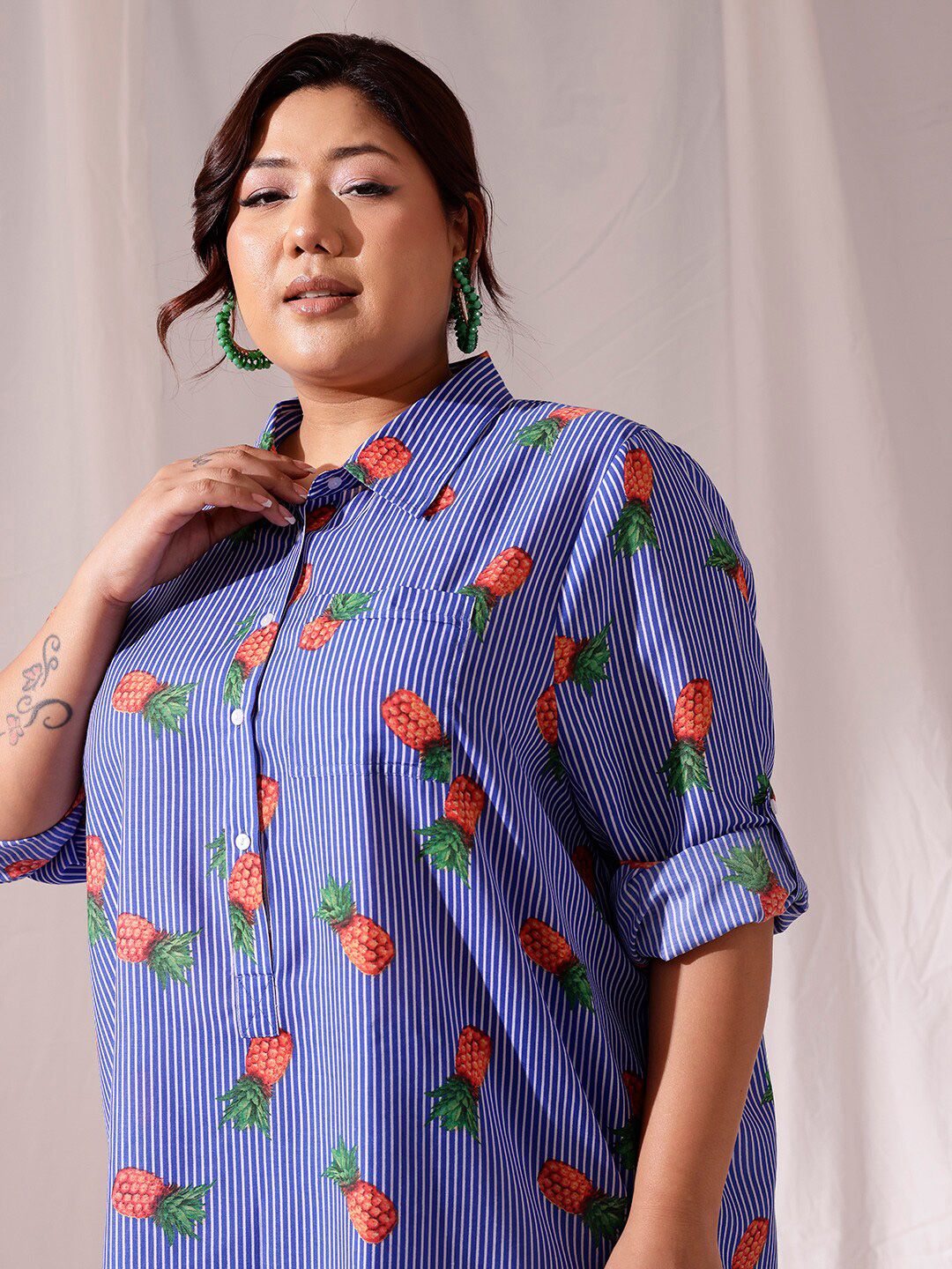 CURVY STREET Plus Size Comfort Striped Pure Cotton Casual Shirt