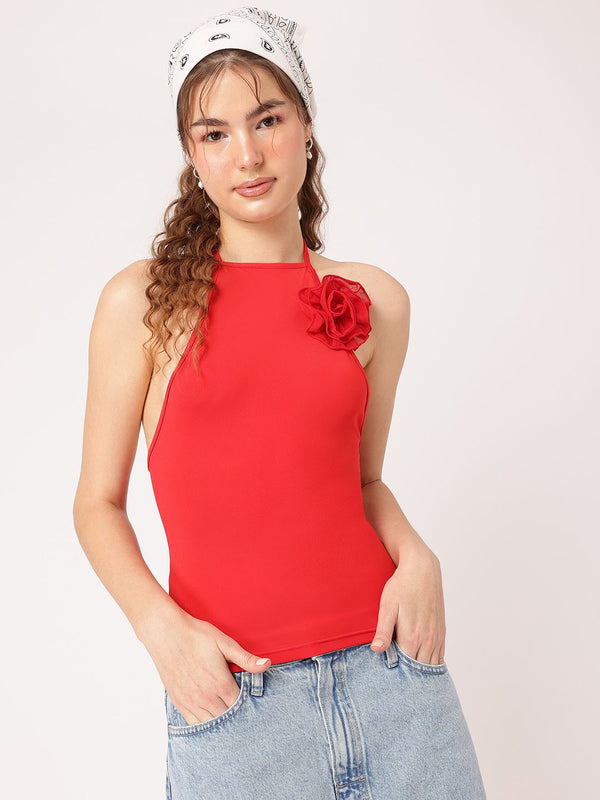 DressBerry Scarlet Statement Applique-Detail Halter Neck Top