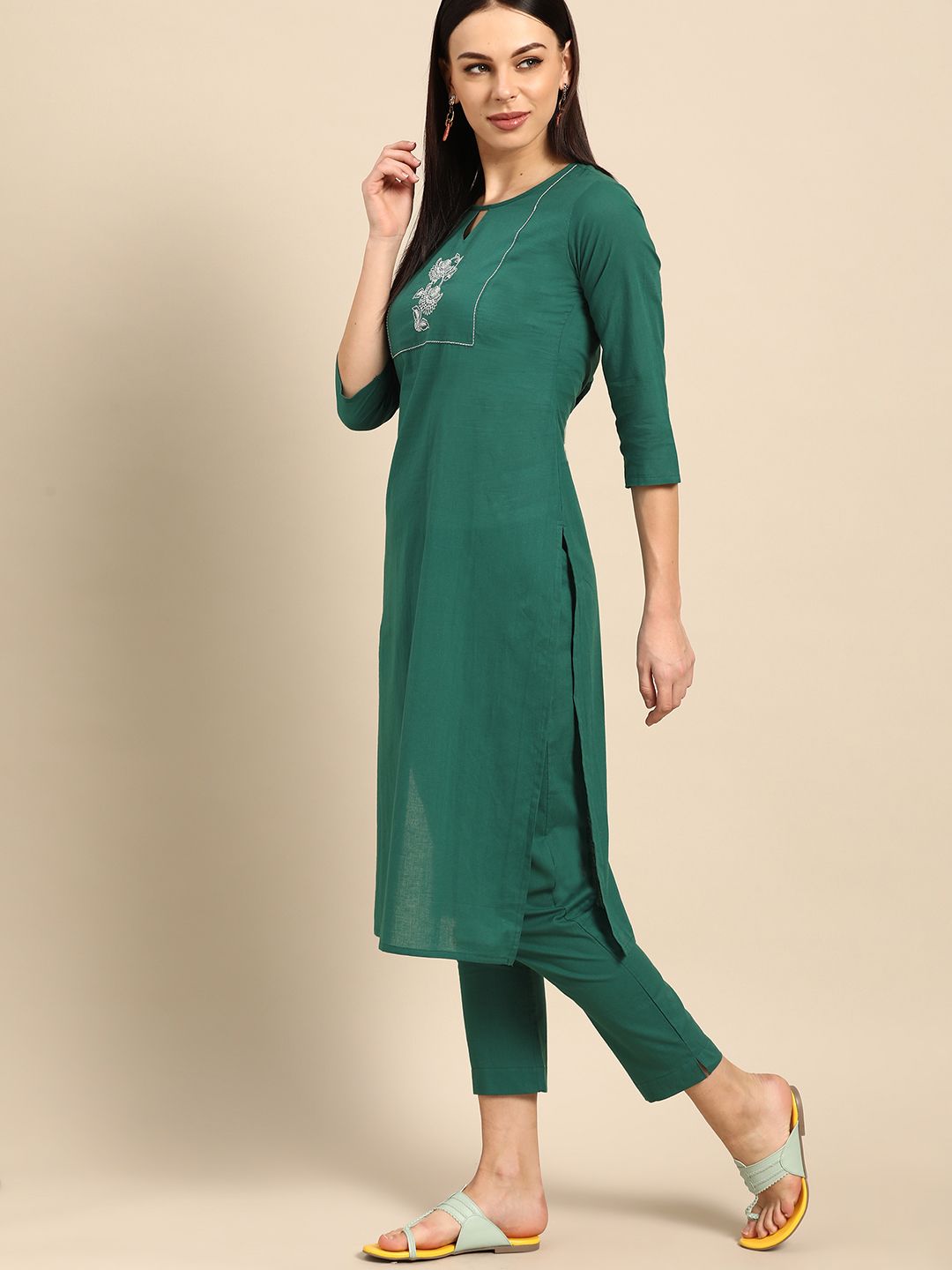 Anouk Women Green Yoke Design Pure Cotton Kurta with Trousers