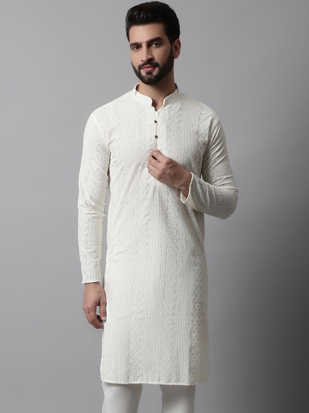 Jompers Men Cream-Coloured Ethnic Motifs Embroidered Cotton Kurta