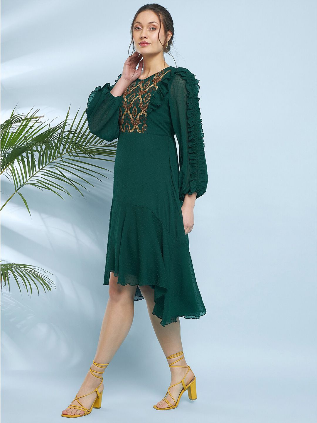 Antheaa Embroidered Puff Sleeve Fit & Flare Midi Dress