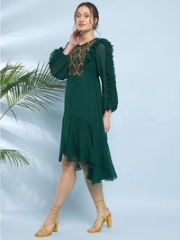 Antheaa Embroidered Puff Sleeve Fit & Flare Midi Dress