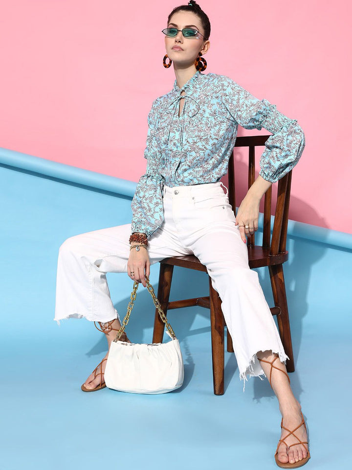 STREET 9 Women Blue Floral Print Tie-Up Neck Shirt Style Top
