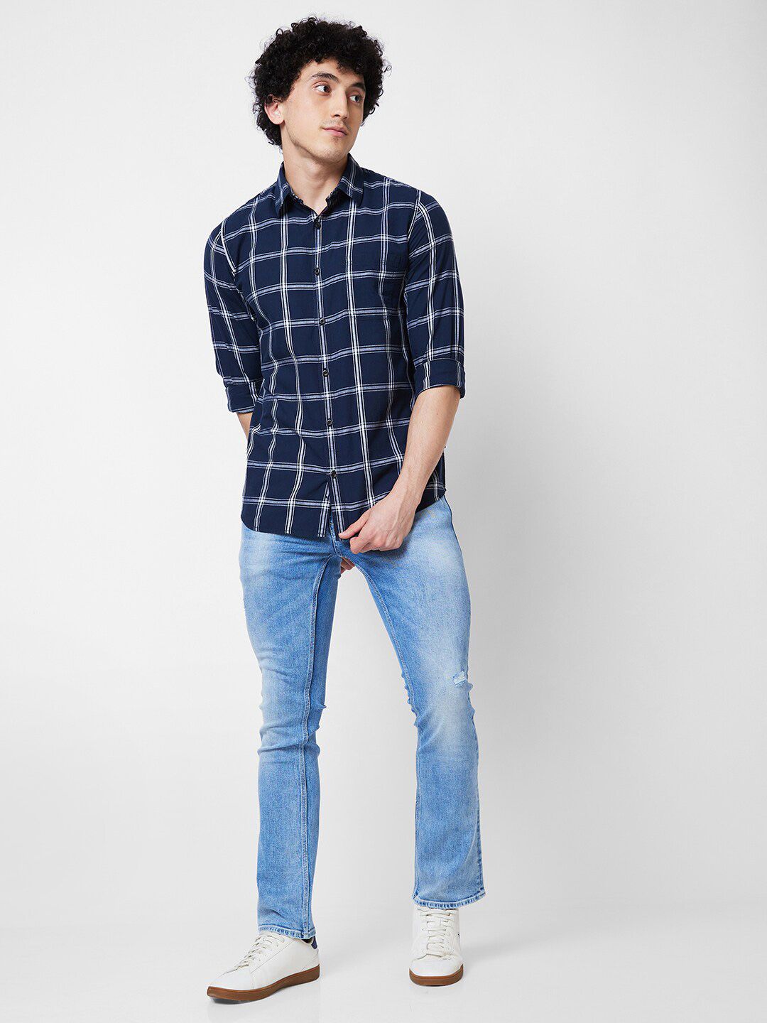 SPYKAR Spread Collar Long Sleeves Checked Regular Fit Casual Cotton Shirt