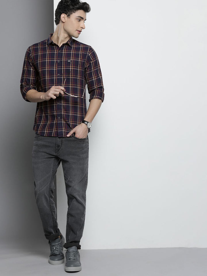 The Indian Garage Co Men Navy Blue & Yellow Checked Casual Shirt