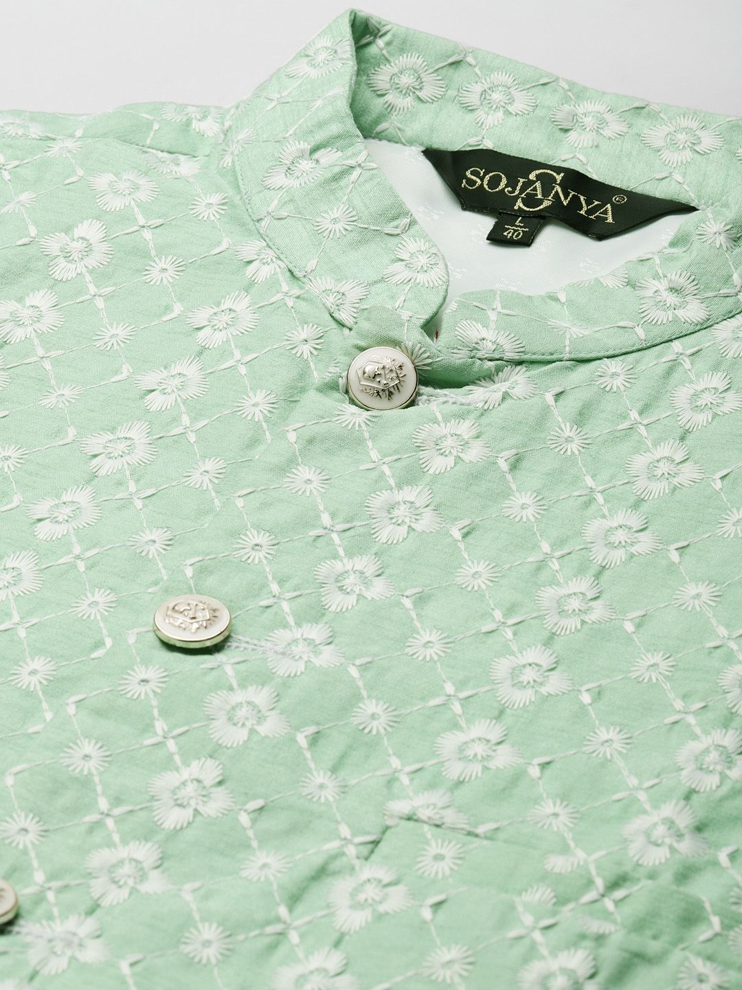 SOJANYA Men Blue & Sea Green Kurta with Pyjamas & Embroidered Nehru Jacket