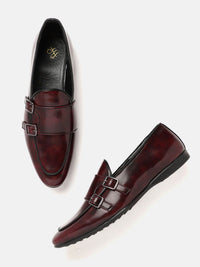 House of Pataudi Men Burgundy Glossy Finish Handcrafted Leather Party Monk Shoes