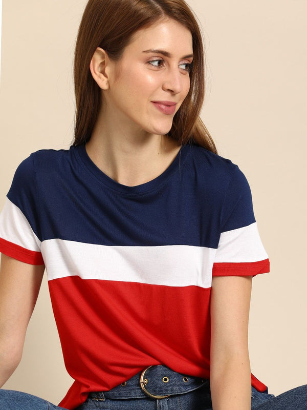 DressBerry Women Navy Blue & Red  Colourblocked Round Neck T-shirt