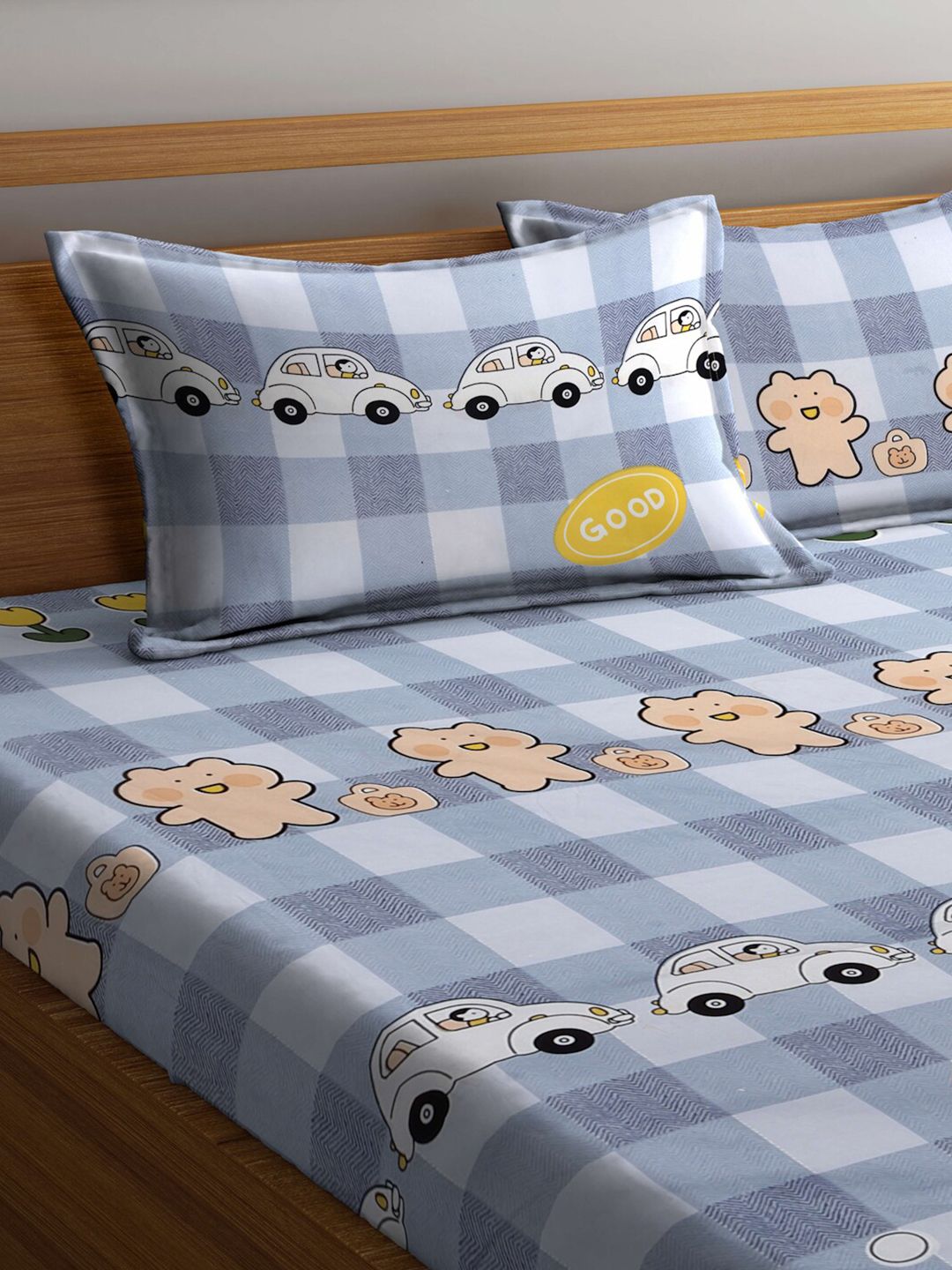 KLOTTHE Blue Conversational Polycotton 300 TC Dilengkapi Cadar King dengan 2 Sarung Bantal-98 x 89 inci