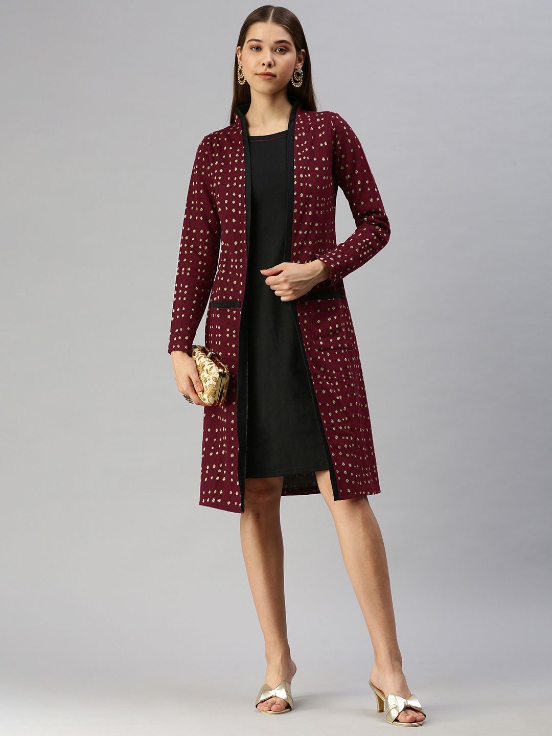 Global Desi Maroon & Gold-Toned Checked Shawl Collar Regular Sleeves Jacket Jumper Dress