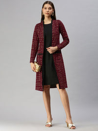 Global Desi Maroon & Gold-Toned Checked Shawl Collar Regular Sleeves Jacket Jumper Dress