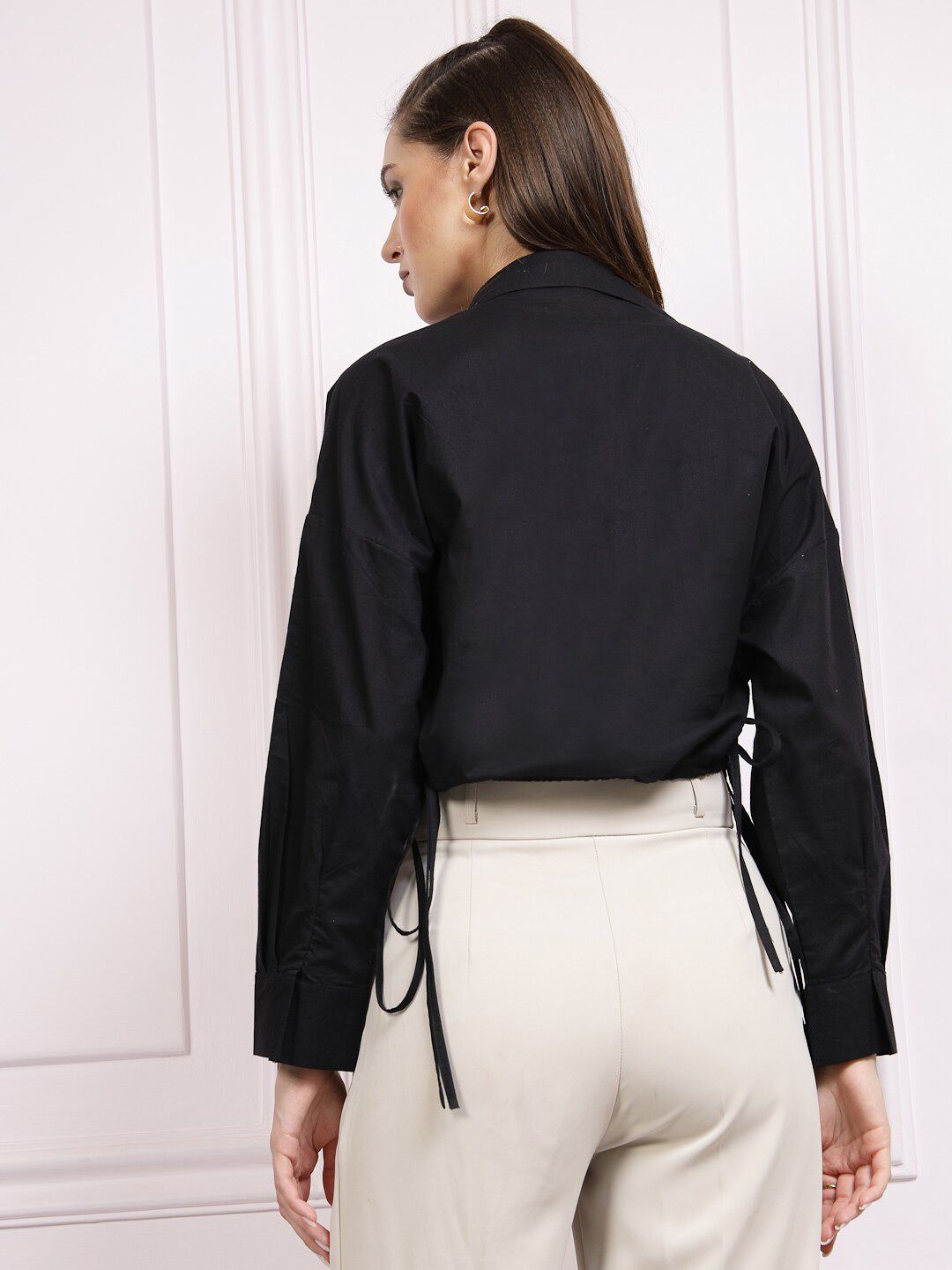 Athena Black Cotton Shirt Style Crop Top