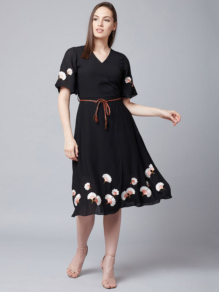 Athena Women Black Embroidered Wrap Dress