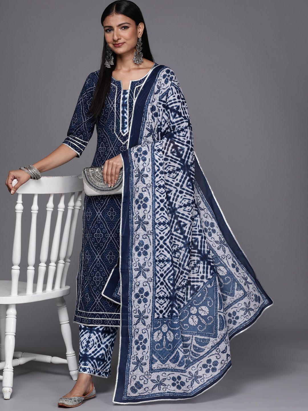 Libas Women Blue Bandhani Printed Pure Cotton Kurta with Palazzos & Dupatta