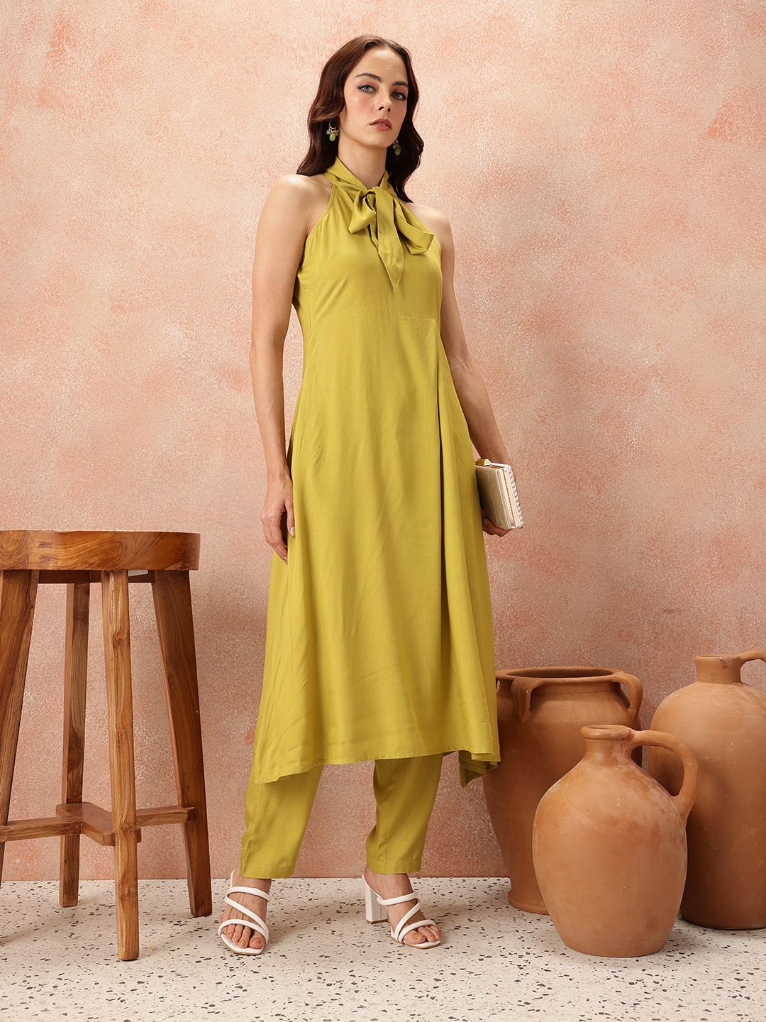 all about you Tie-Up Detail Halter Neck Empire-Style A-Line Kurta with Trousers