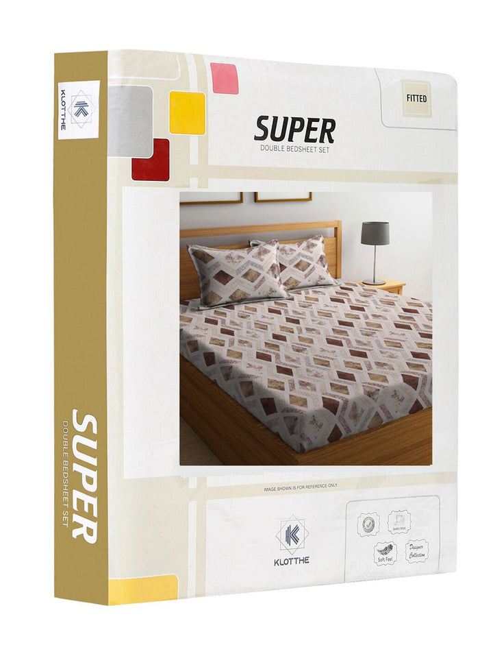 KLOTTHE Putih & Perang Kapas Tulen Cetakan Geometrik 400 TC Cadar King & 2 Sarung Bantal