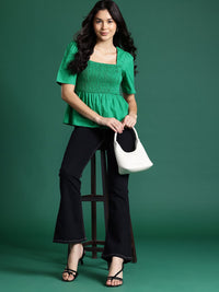 DressBerry Puff Sleeves Smocked Cotton Peplum Top