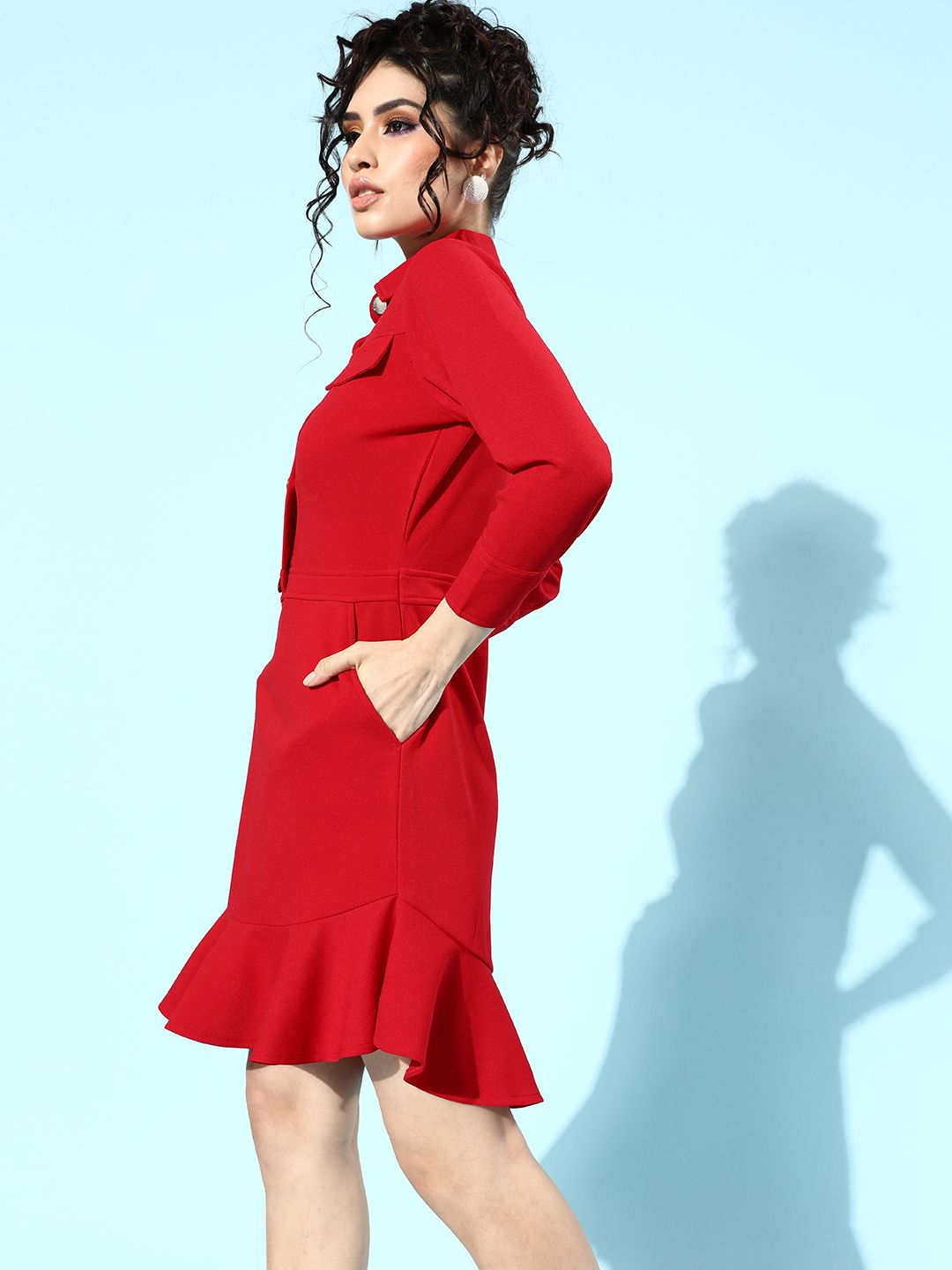 Athena Women Red Solid Collared Fit & Flare Dress