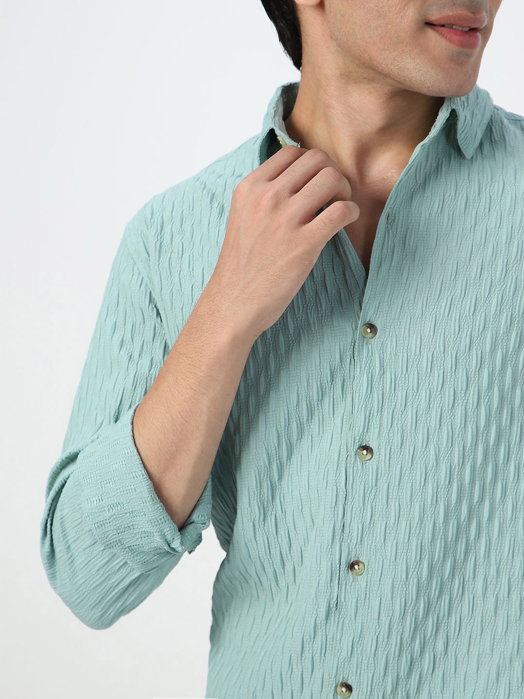Urbano Fashion Men Spread Collar Textured Cotton Casual Shirt
