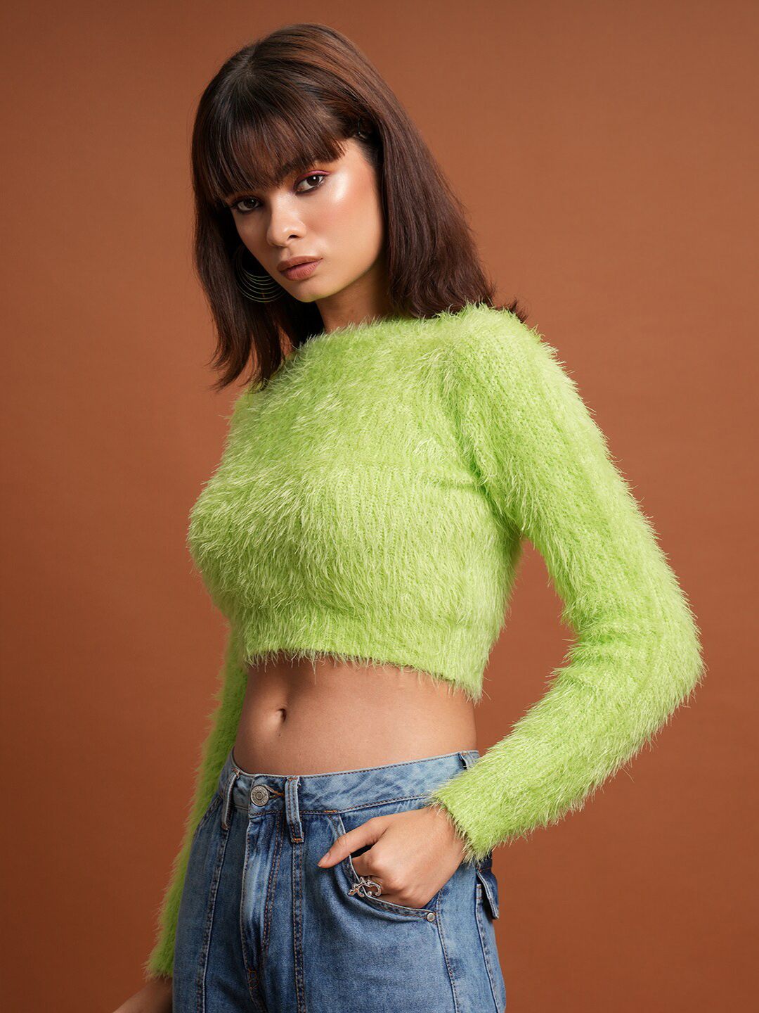 Tokyo Talkies Green Self Design Acrylic Crop Pullover