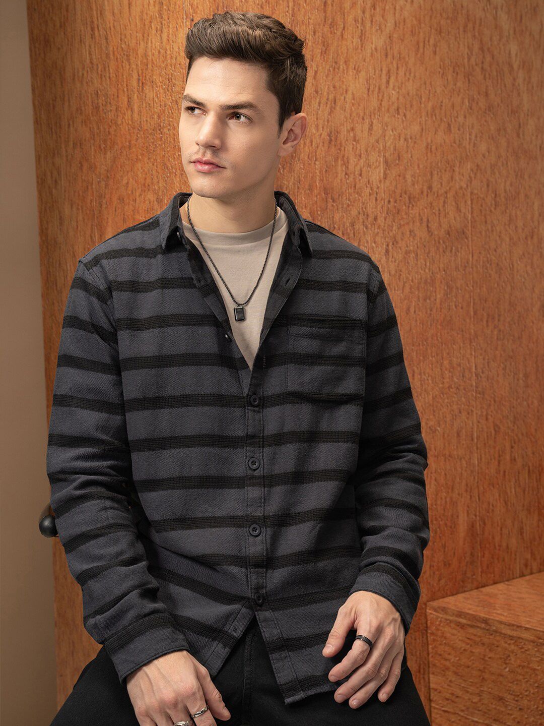 LOCOMOTIVE Premium Men Relaxed Fit Dobby Textured Striped Shirt