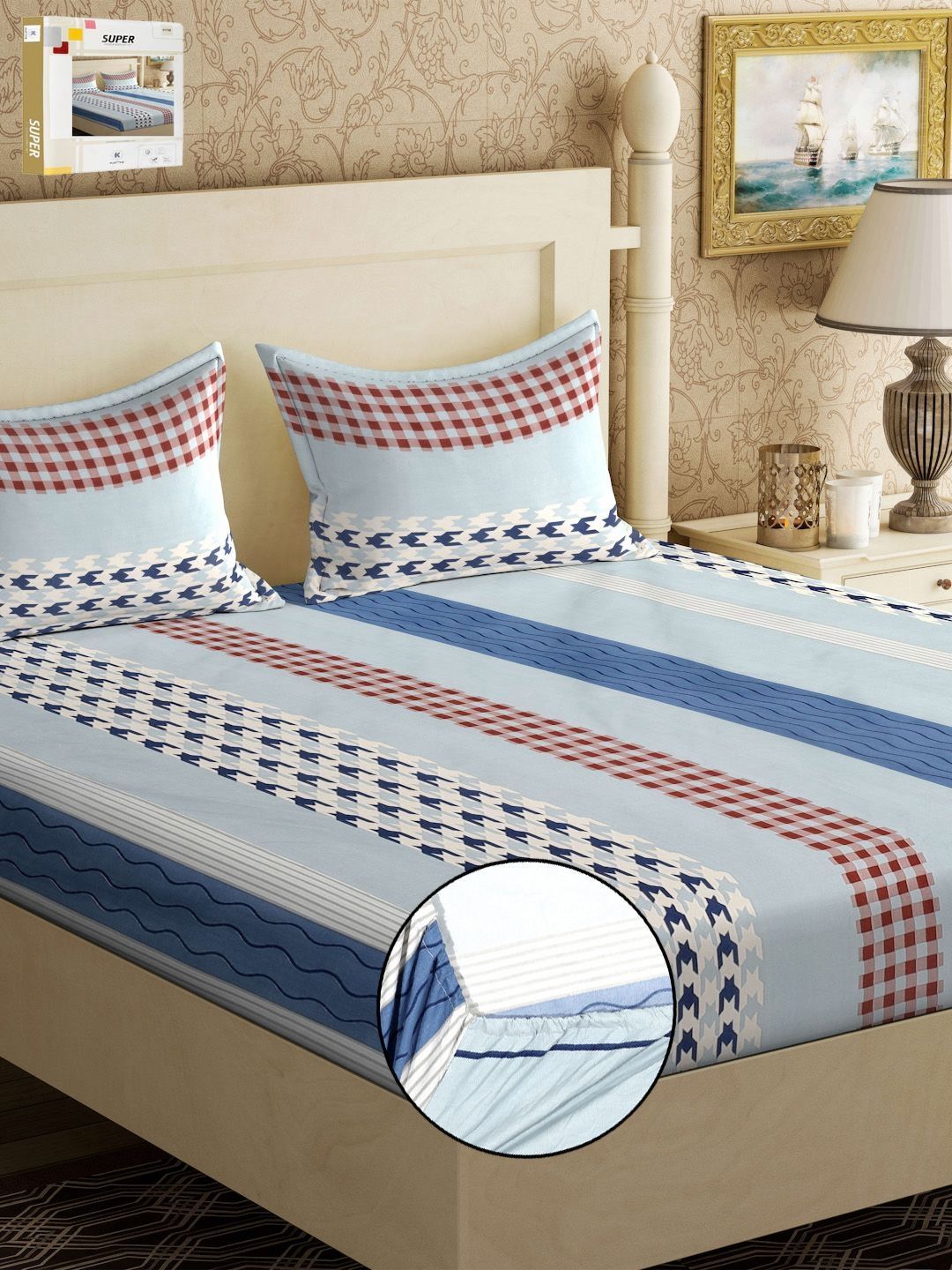 KLOTTHE Lipat Buku Policotton Geometri Biru 300 TC Dilengkapi Cadar King Halus dengan 2 Sarung Bantal-98 x 89 inci