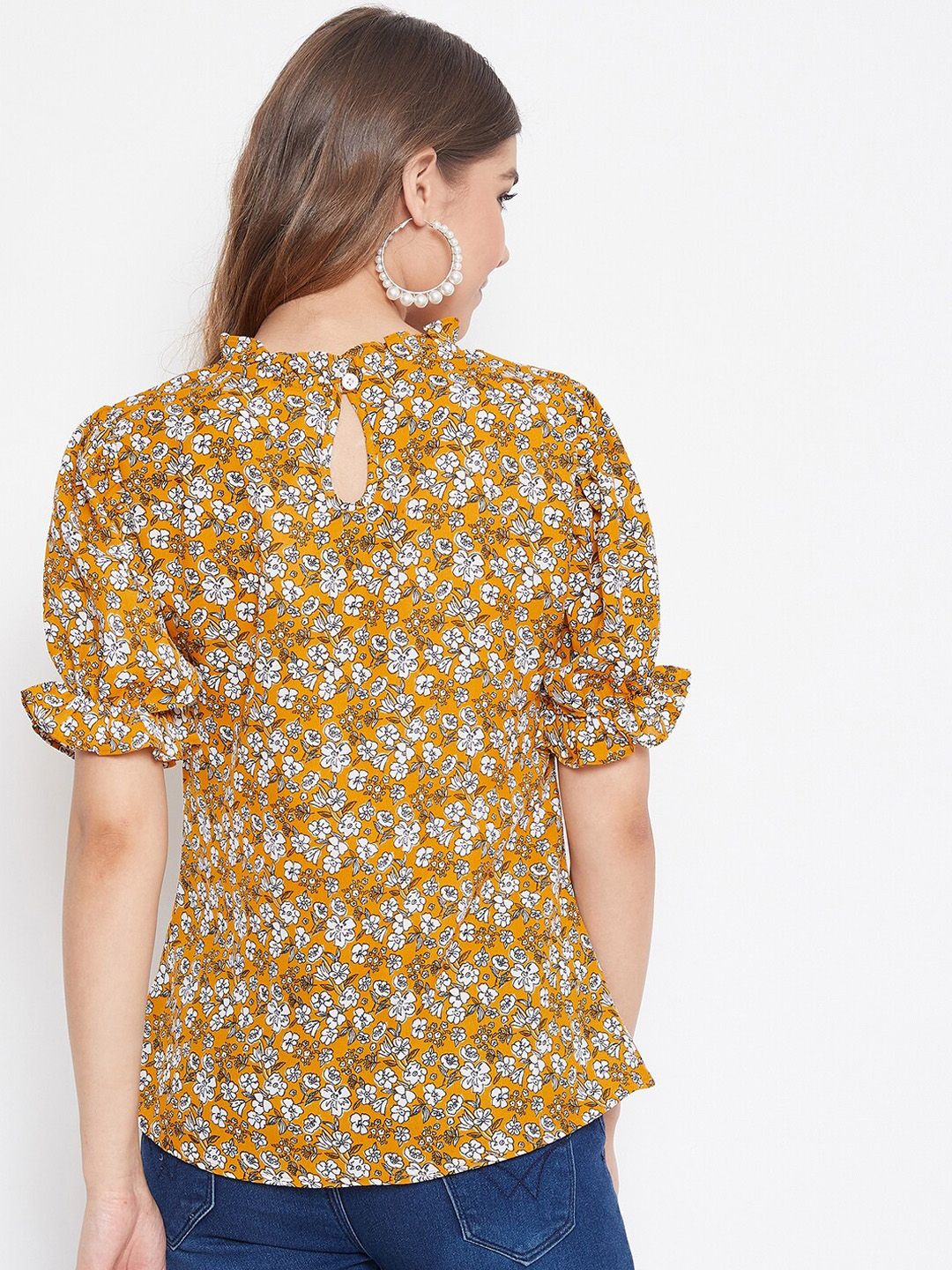 Berrylush Women Mustard Yellow & White Floral Printed Top