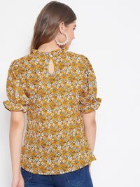 Berrylush Women Mustard Yellow & White Floral Printed Top
