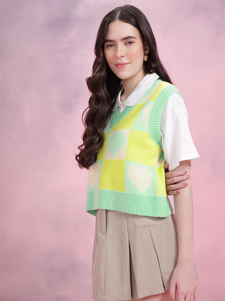 DressBerry Women Conversational Pattern Self Design V-Neck Knitted Pullover