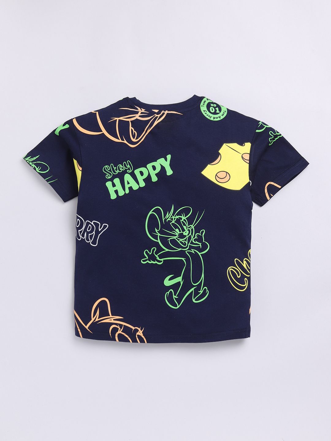 Happy Faces Boys Tom & Jerry Print Drop-Shoulder Sleeves Pure Cotton T-shirt