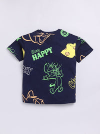 Happy Faces Boys Tom & Jerry Print Drop-Shoulder Sleeves Pure Cotton T-shirt