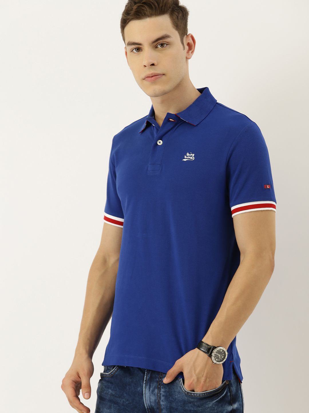 Being Human Men Blue Solid Polo Collar Pure Cotton T-shirt